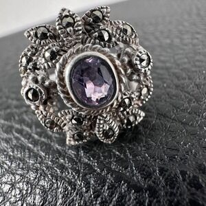 925 Sterling Amethyst Marcasite Floral Halo Ring Sz 4.75 Vintage Boho